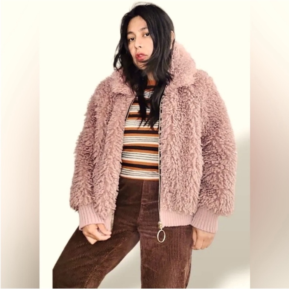 Zara | Women's Mauve Pink Blush Zip Front Teddy‎ Jacket Fokd Down Collar Size L